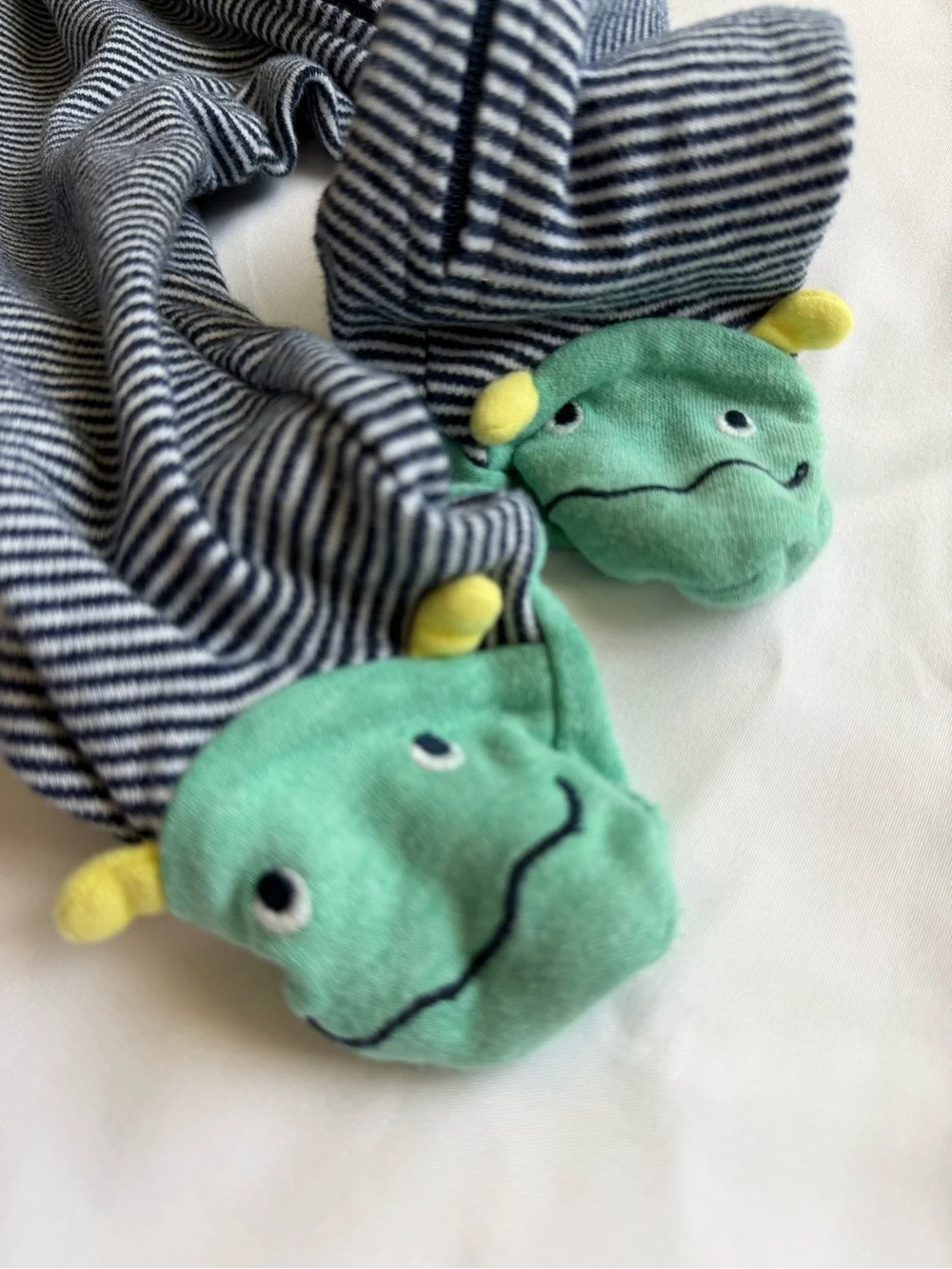 Carter's Navy and White Striped Footed One-Piece with Green Monster Feet